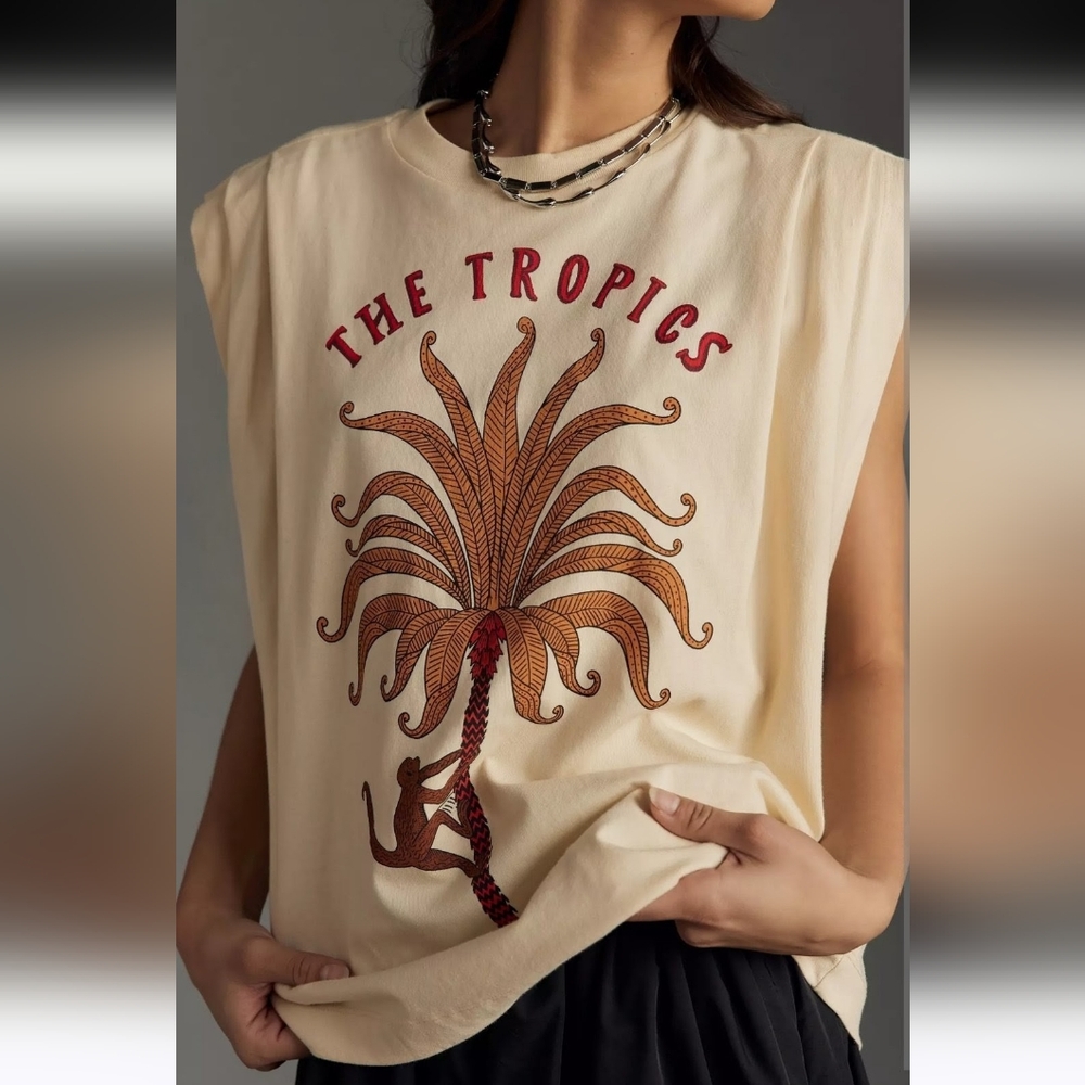 FARM RIO The Tropic Pleated Cream Brown Monkey Palm Cap Sleeve Top New XXS - Picture 2 of 8